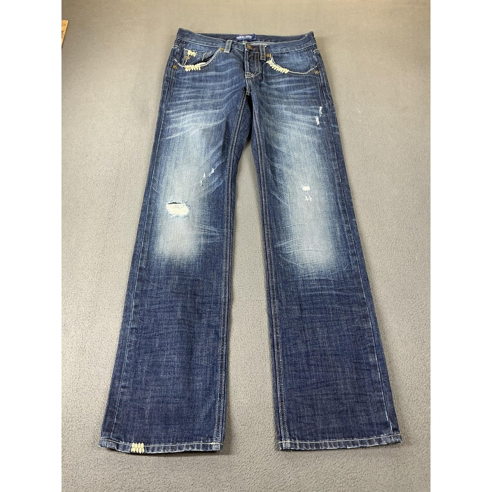 MEK DNM Jeans Womens 30 Blue Bootcut Mid Rise Distressed Embroidered 32 Inseam